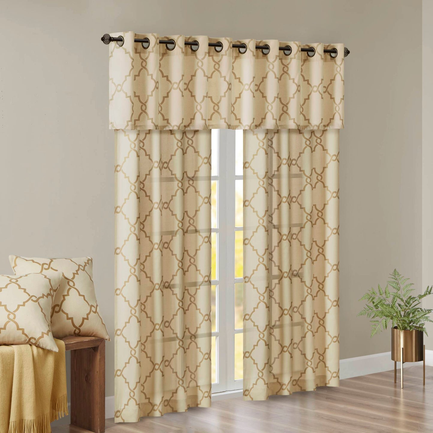 Saratoga - Fretwork Print Grommet Top Window Valance - Beige / Gold Madison Park