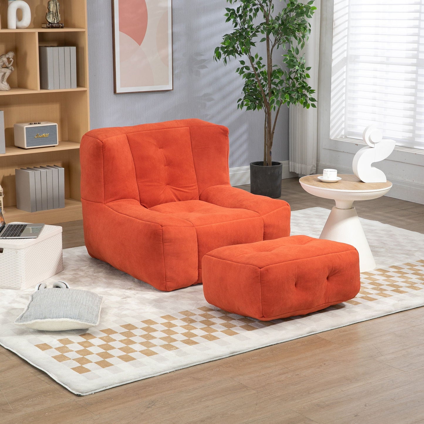Modern Indoor Fluffy Bean Bag Chair With Memory Foam And Ottoman, Super Soft Home Essentials
