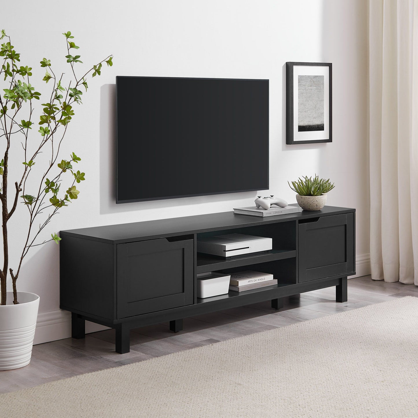 Modern 2 Door Open Storage TV Stand For TVs Up To 65" - Solid Black Walker Edison