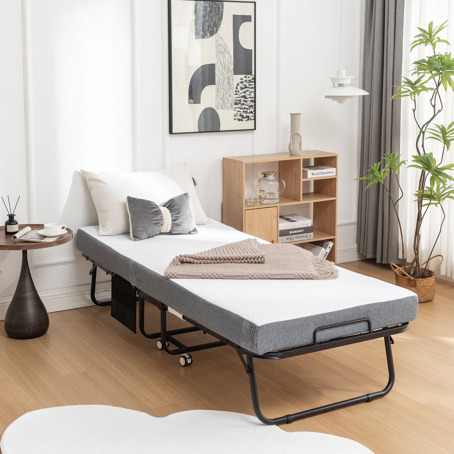 Foldable Metal Frame Bed For Guest With Memory Foam Mattress On Wheels, Saving Space Rollaway Bed Home Essentials