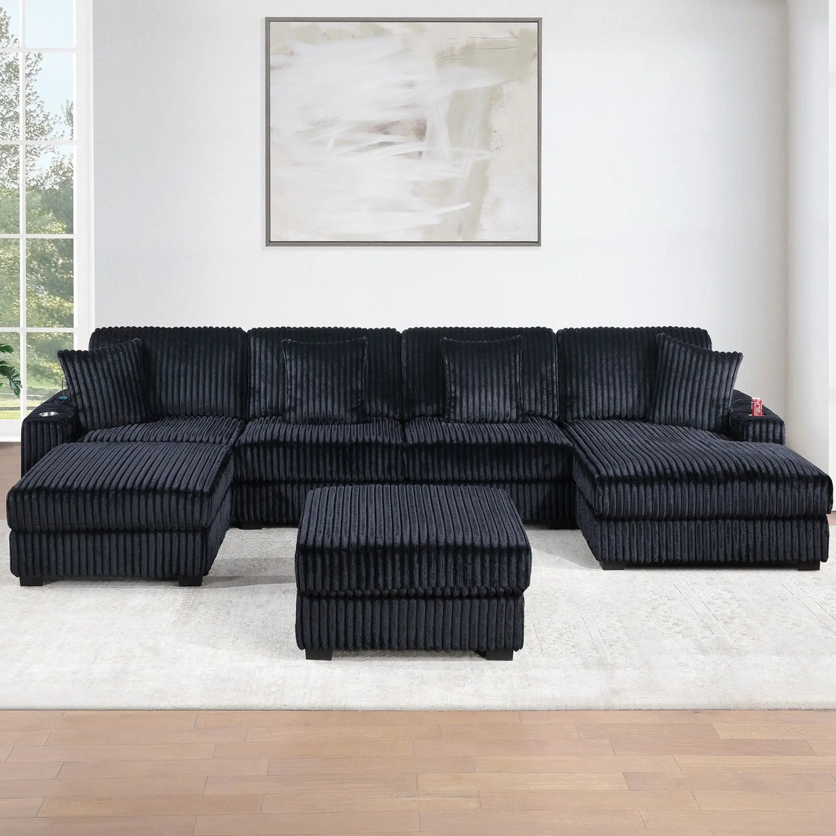 6 Piece Modular U Sectional Sofa Set With USB Cup Holder, Low Leg - Black Home Essentials