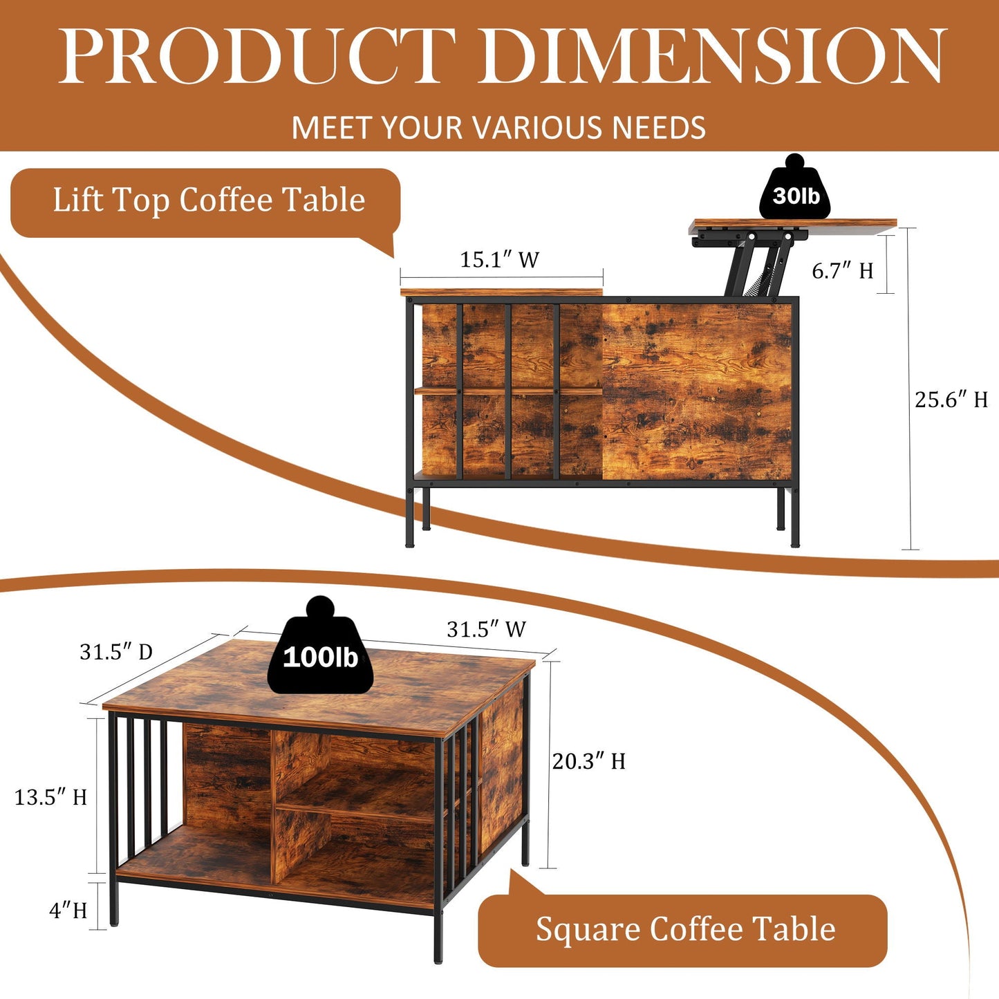 Lift Top Coffee Table With Storage, Adjustable Height Living Room - Black / Brown Home Essentials