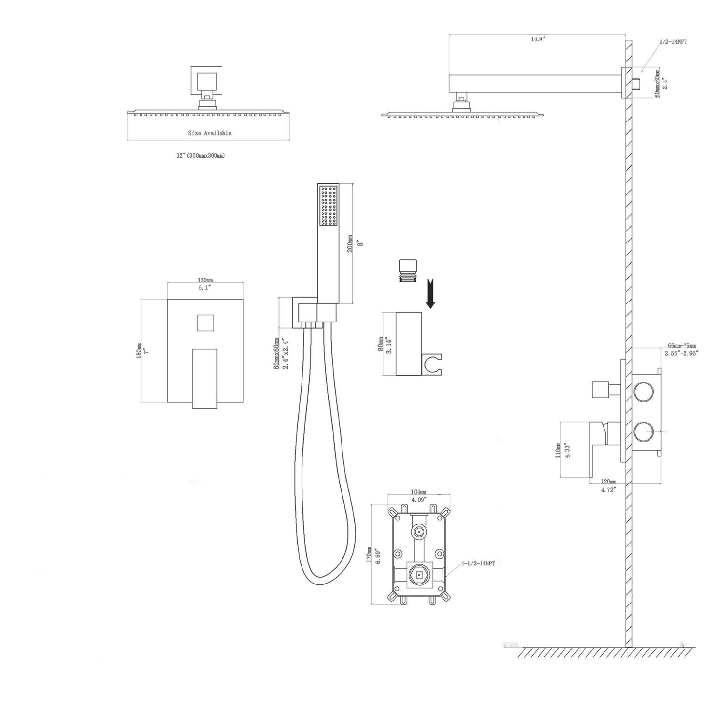 Dual Shower Head System With 12" Square Rain Shower And Rough In Valve Daily Nest
