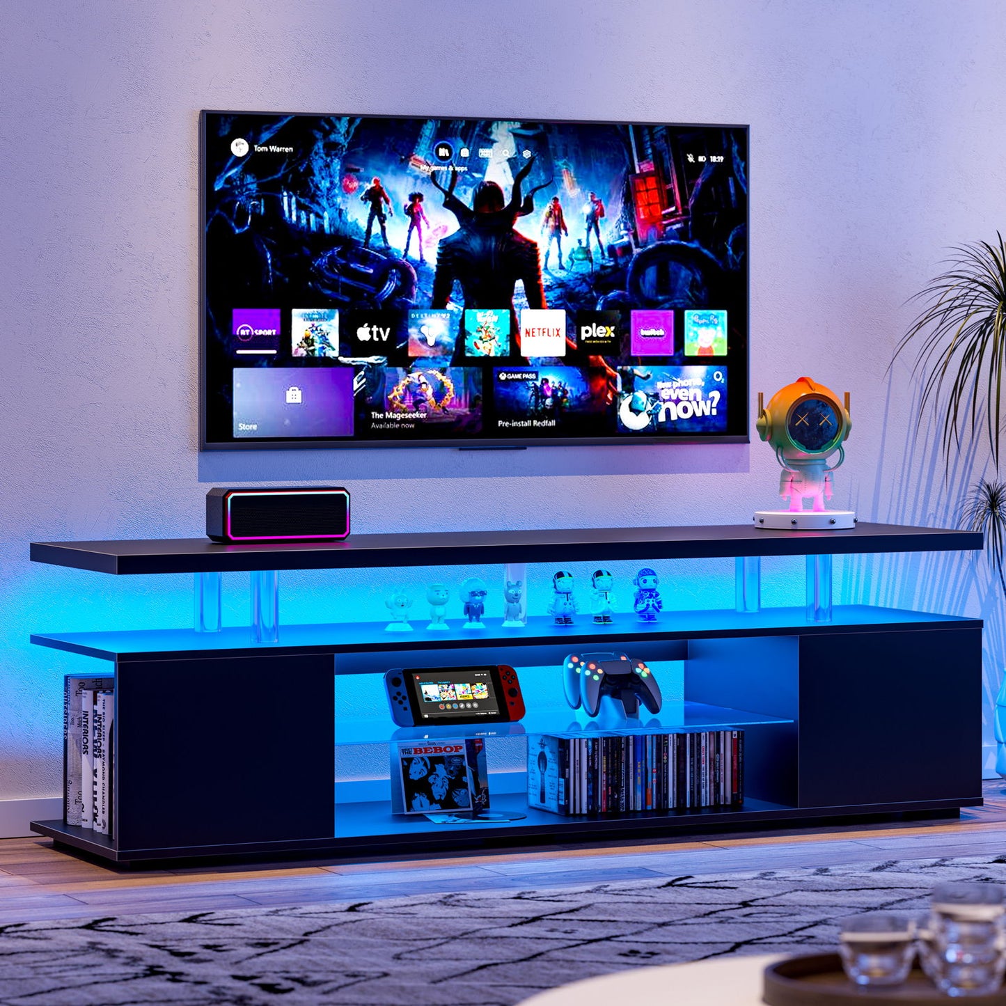 TV Stand LED Gaming Entertainment Center, Media Storage Console Table With Large Side Cabinet Home Essentials