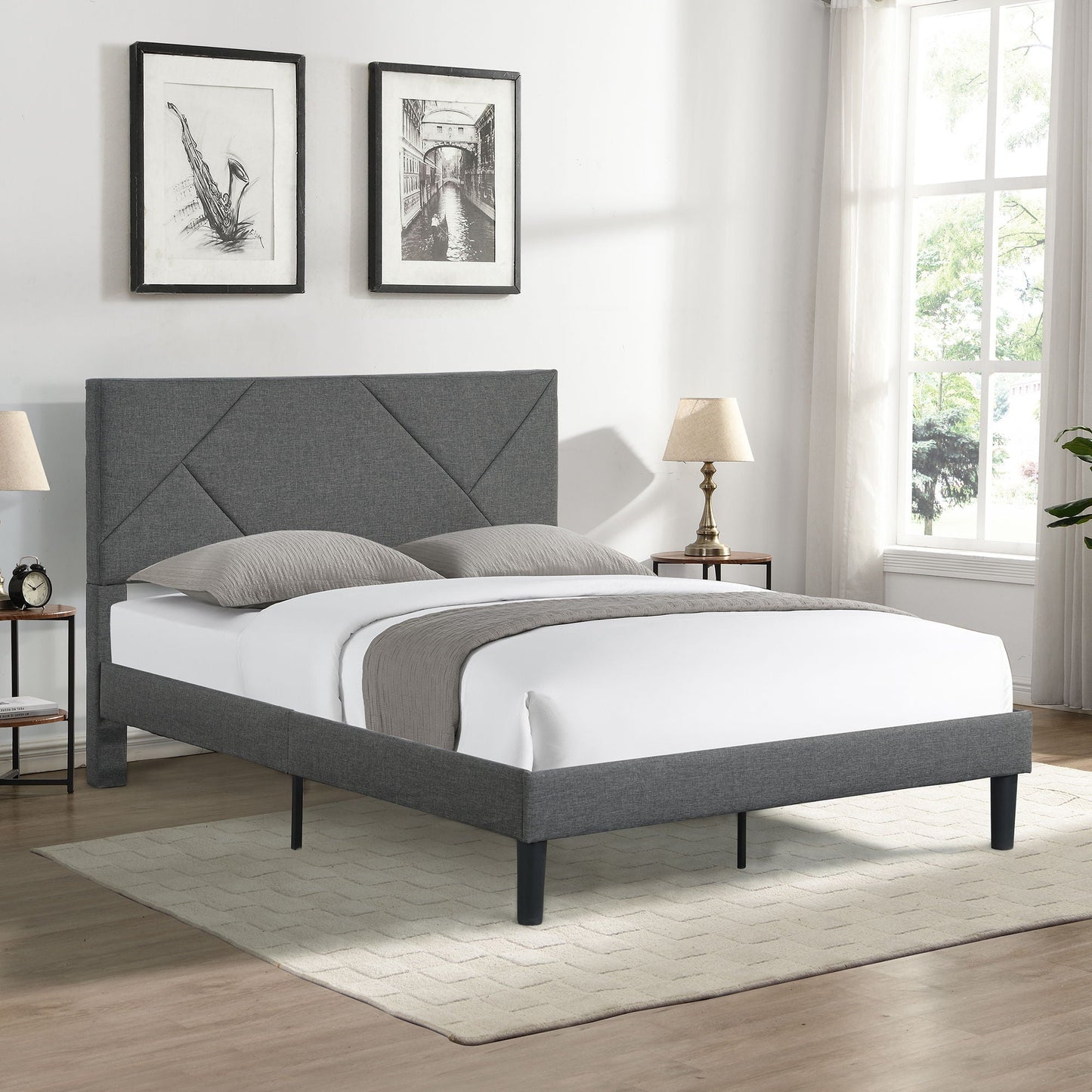Upholstered Platform Bed Frame With Headboard, Wood Slat Support Home Essentials