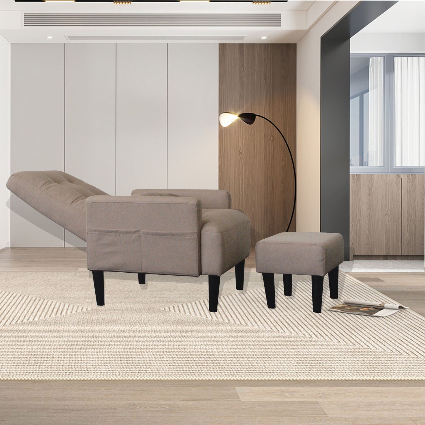 Living Room Sofa Single Chair And Ottoman, Modern Multi-Function Fabric Living Room Sofa Lounge Chair Bed And Stool. Soft Leisure Single Chair Adjustable Into 5 Angles With Sofa Bed Home Essentials