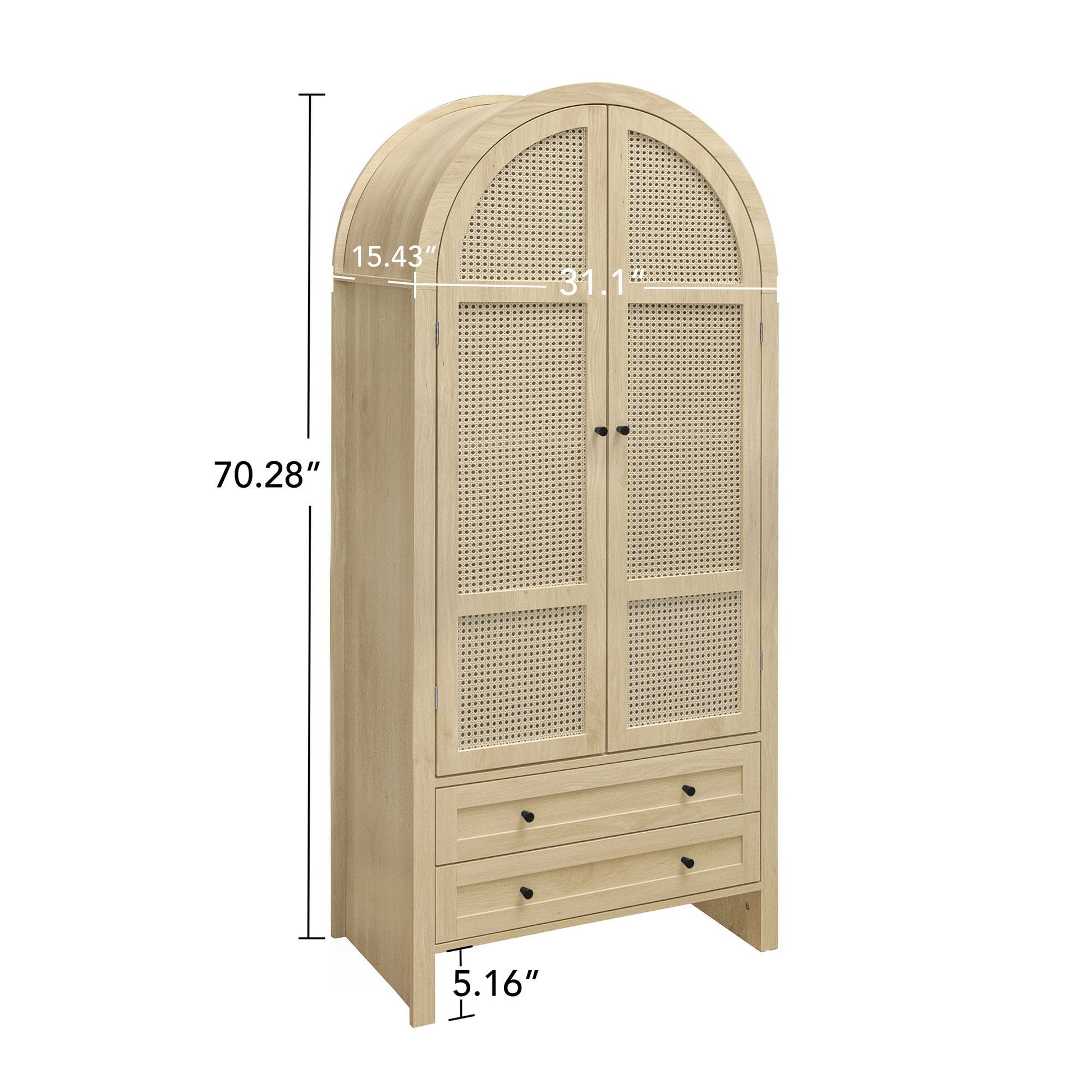 Tall Arched Kitchen Pantry, Arched Storage Display Cabinet With 2 Drawers & Adjustable Shelves, Rattan Door Versatile Storage Cabinet For Kitchen, Dining Room, Living Room - Natural Home Essentials