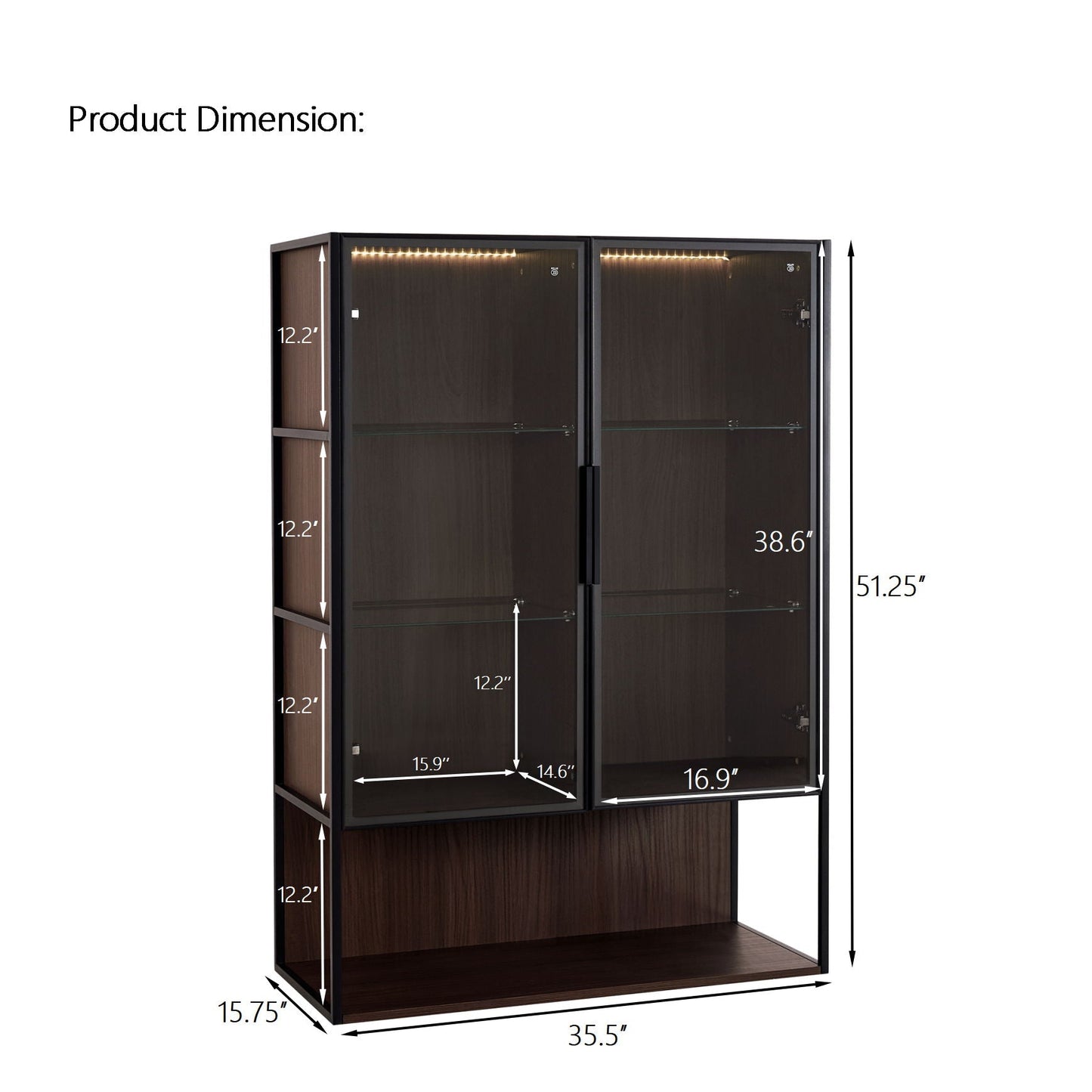 Modern Minimalist Tall Lighted Display Cabinet With Tempered Glass Door - Black / Dark Walnut Hearth and Haven