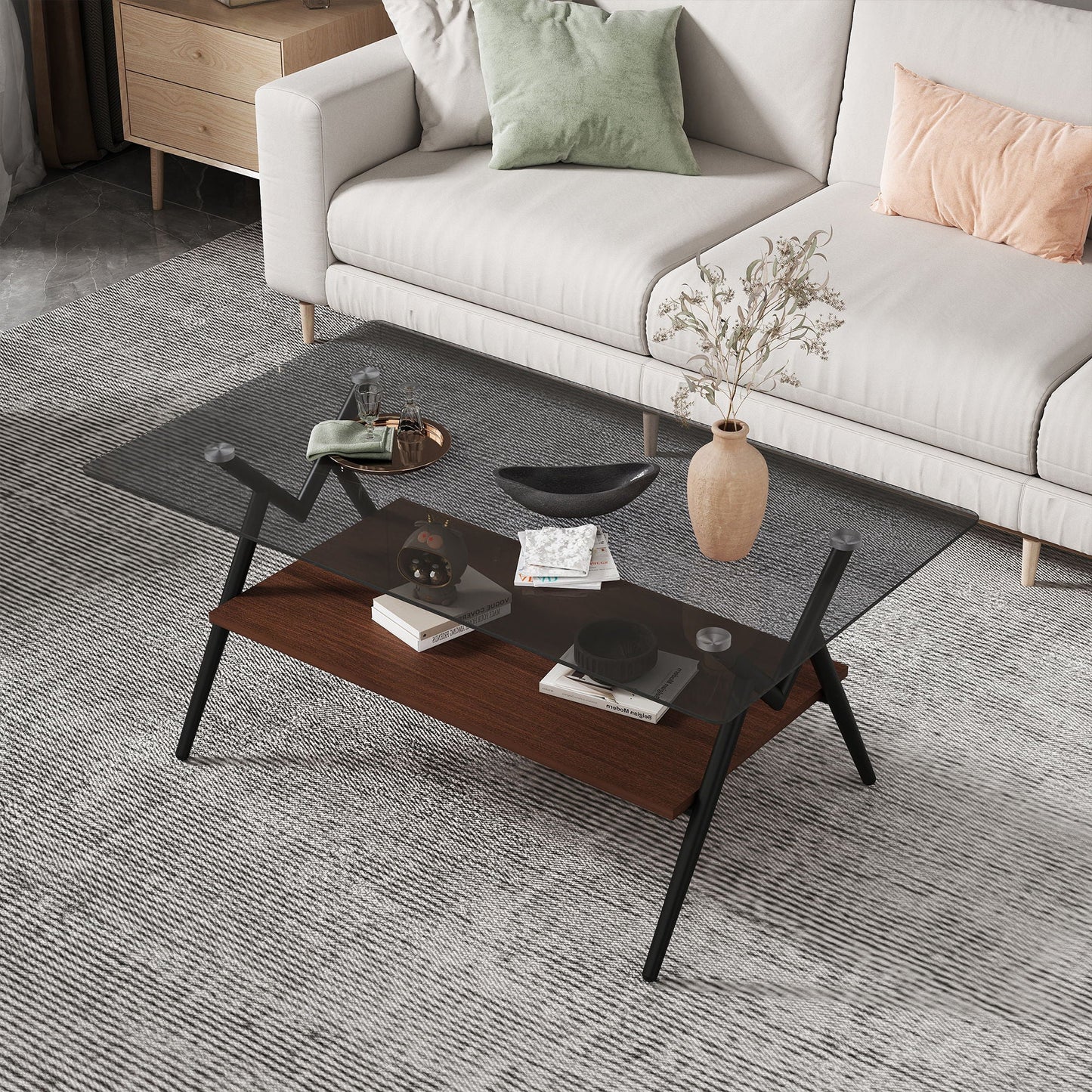 Rectangle Coffee Table With Tempered Glass Top And MDF Shelf, Modern Table For Living Room Home Essentials