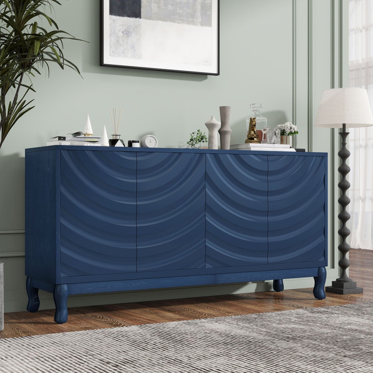 Elegant Sideboard With Sophisticated Wavy Pattern Doors And Arched Groove Design, Adjustable 4 Door Layout Home Essentials