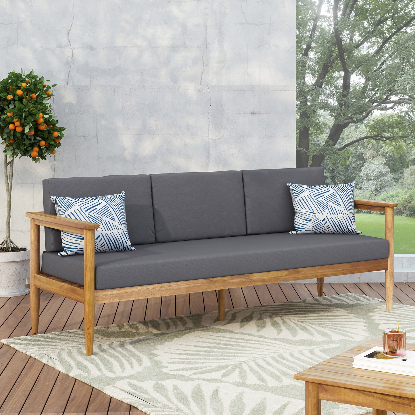 Outdoor 3 Seater Sofa With Cushion And Teak Acacia Wood - Dark Gray Noble House