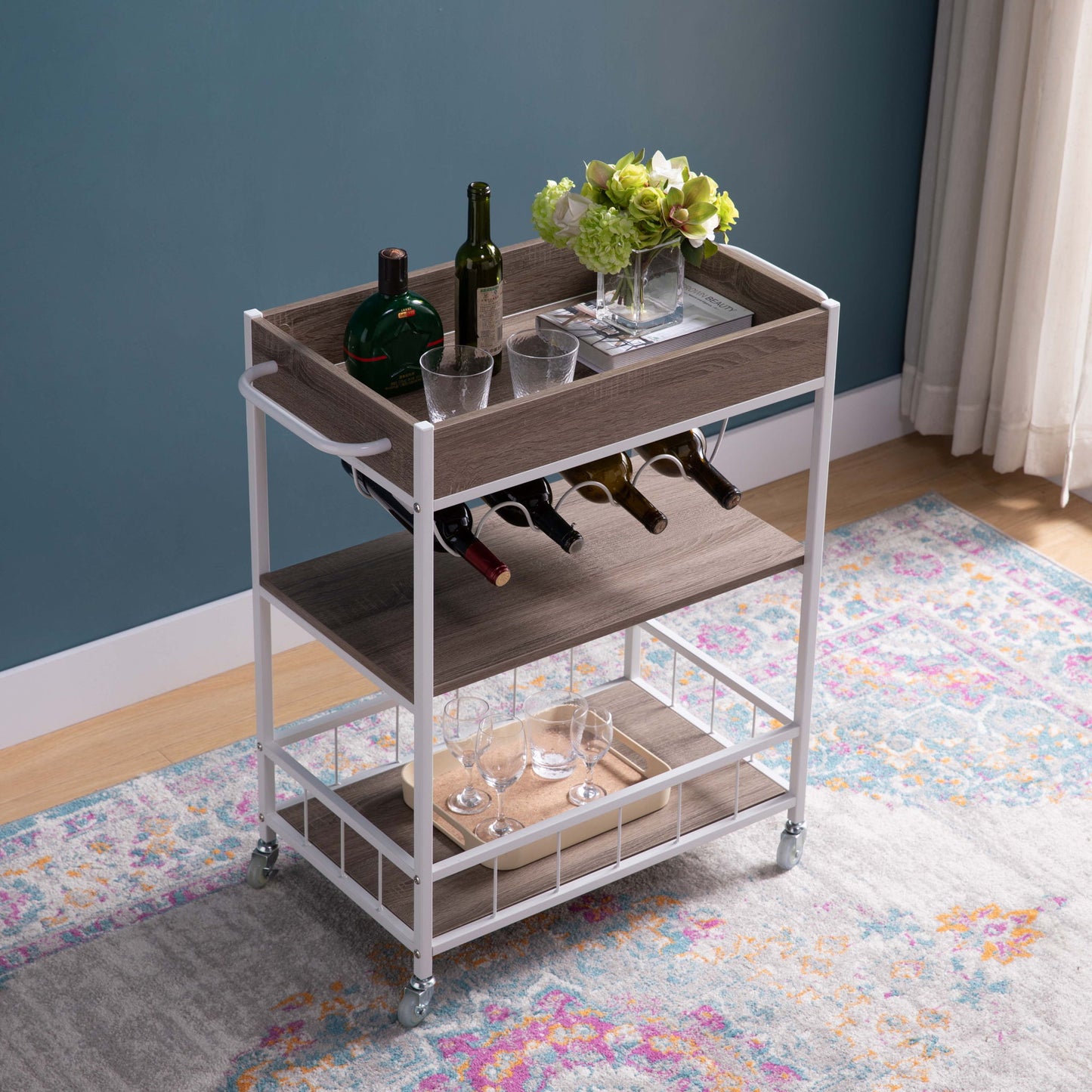 Rolling Kitchen Cart With Storage And Four Wine Bottle Rack Home Essentials