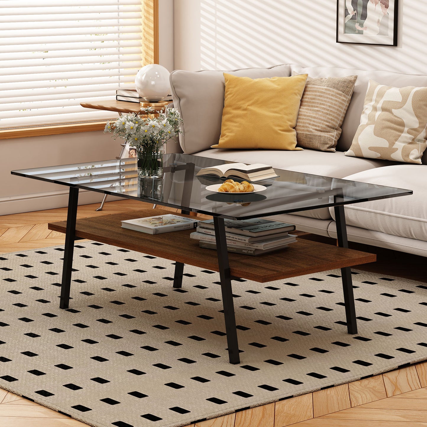 Rectangle Coffee Table, Tempered Glass Tabletop With Metal Legs Home Essentials