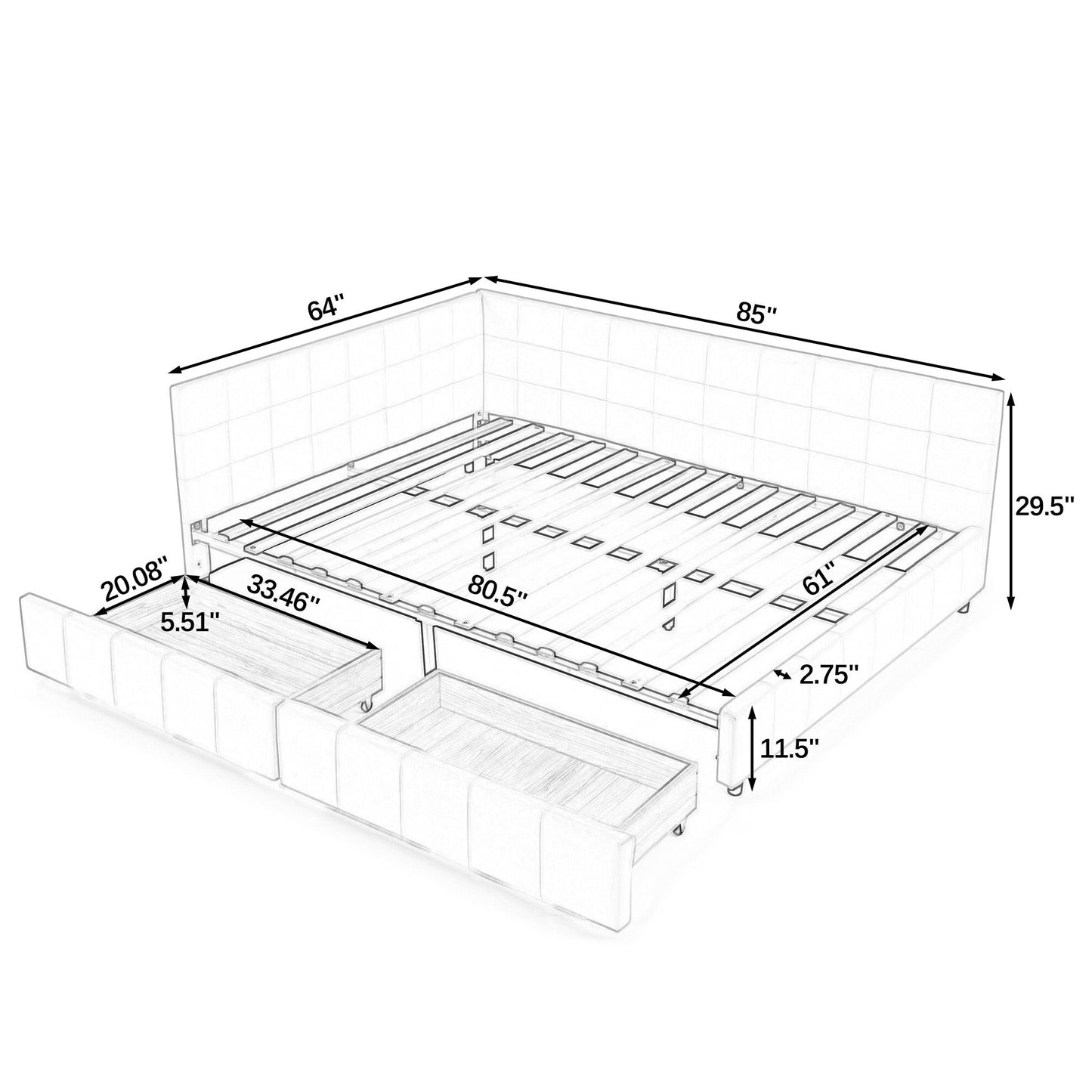 Mid-Century Storage Upholstered Tufted Bed Frame With Backrest And Armrests Home Essentials