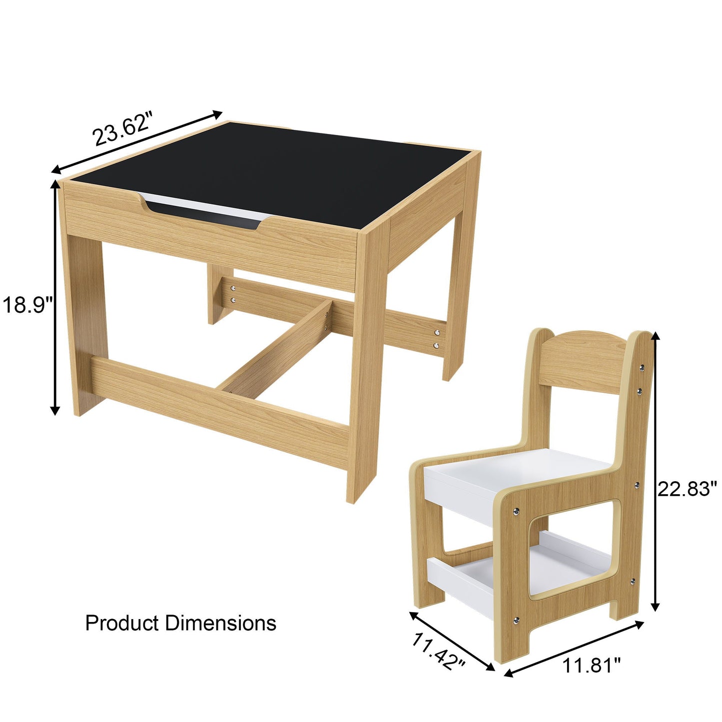 3 In 1 Kids Study Table & Chairs Set Multi Functional Activity Table With Detachable Blackboard Top - Natural Wood Home Essentials