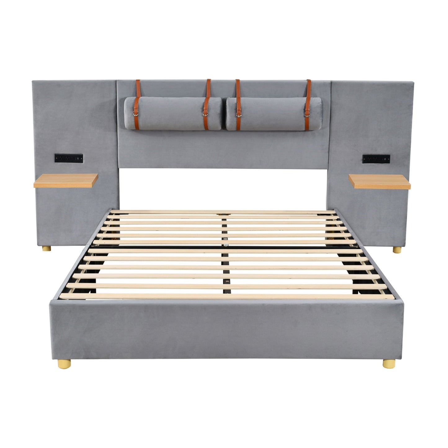 Upholstered Platform Bed, 2 Outlets And USB Charging Ports On Both Sides, 2 Bedside Pillows, Storage Shelves Halcyon Home