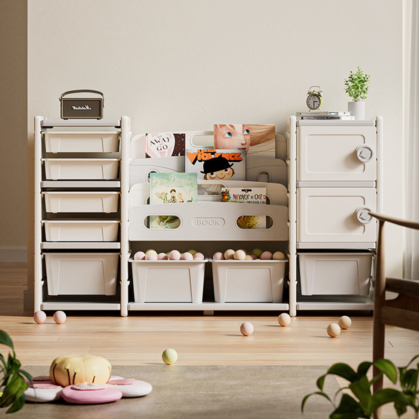 Kids Toy Storage Organizer With 8 Removable Toy Bins, 4 Tier Bookshelf, And 2 Cabinet Storage - Gray / Ivory Home Essentials