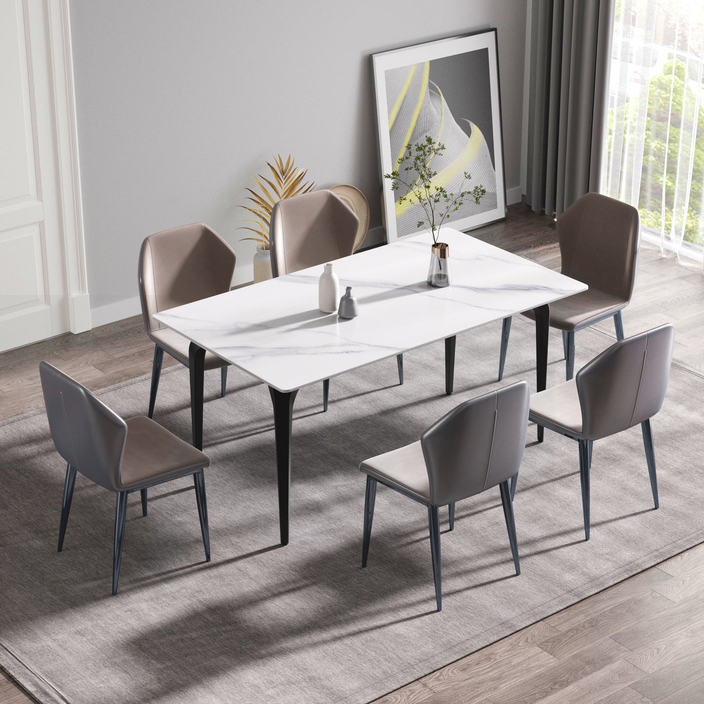 63" Modern Artificial Stone White Straight Edge Black Metal Leg Dining Table, 6 People - White / Black Home Essentials