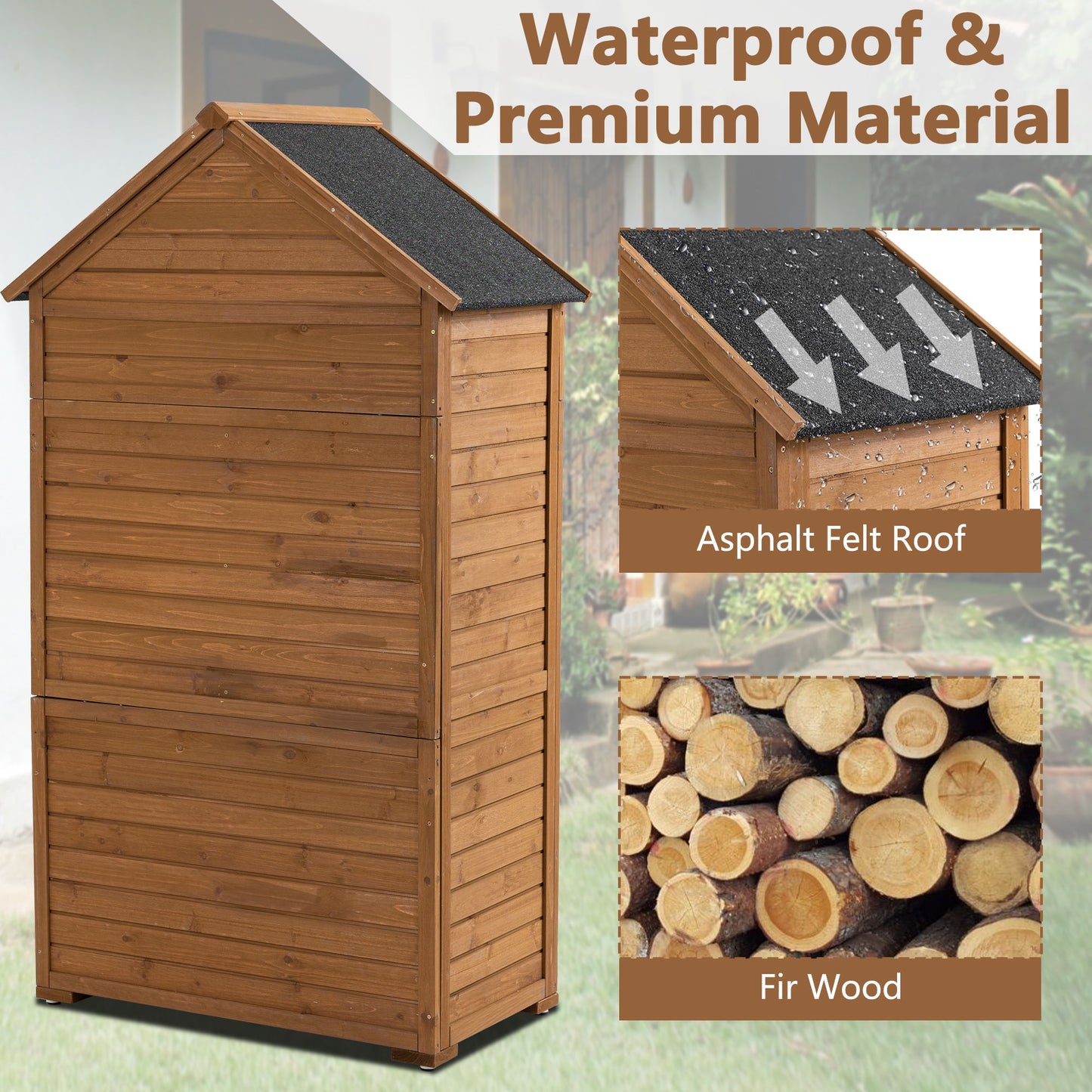 Outdoor Storage Cabinet, Garden Wood Tool Shed, Outside Wooden Shed Closet With Shelves And Latch For Yard Daily Nest