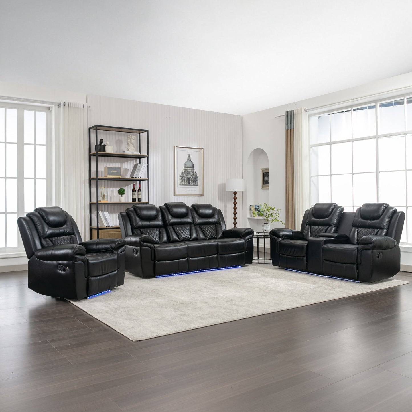 3 Pieces Recliner Sofa Sets Home Theater Seating Manual Recliner Chair With Center Console And LED Light Strip For Living Room Hearth and Haven