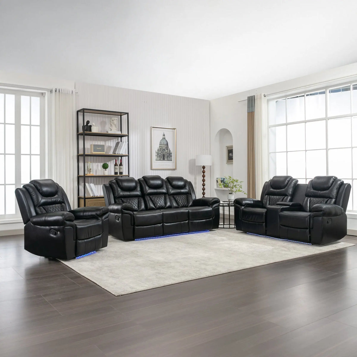 3 Pieces Recliner Sofa Sets Home Theater Seating Manual Recliner Chair With Center Console And LED Light Strip For Living Room Hearth and Haven