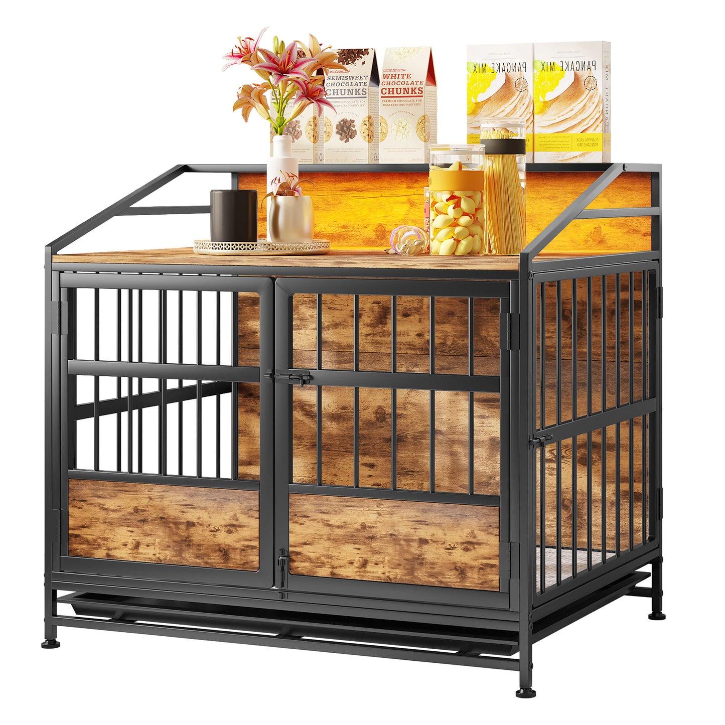Multi Function Dog Crates With Storage, Double Doors, Indoor Dog Crate - Black Brown Daily Nest