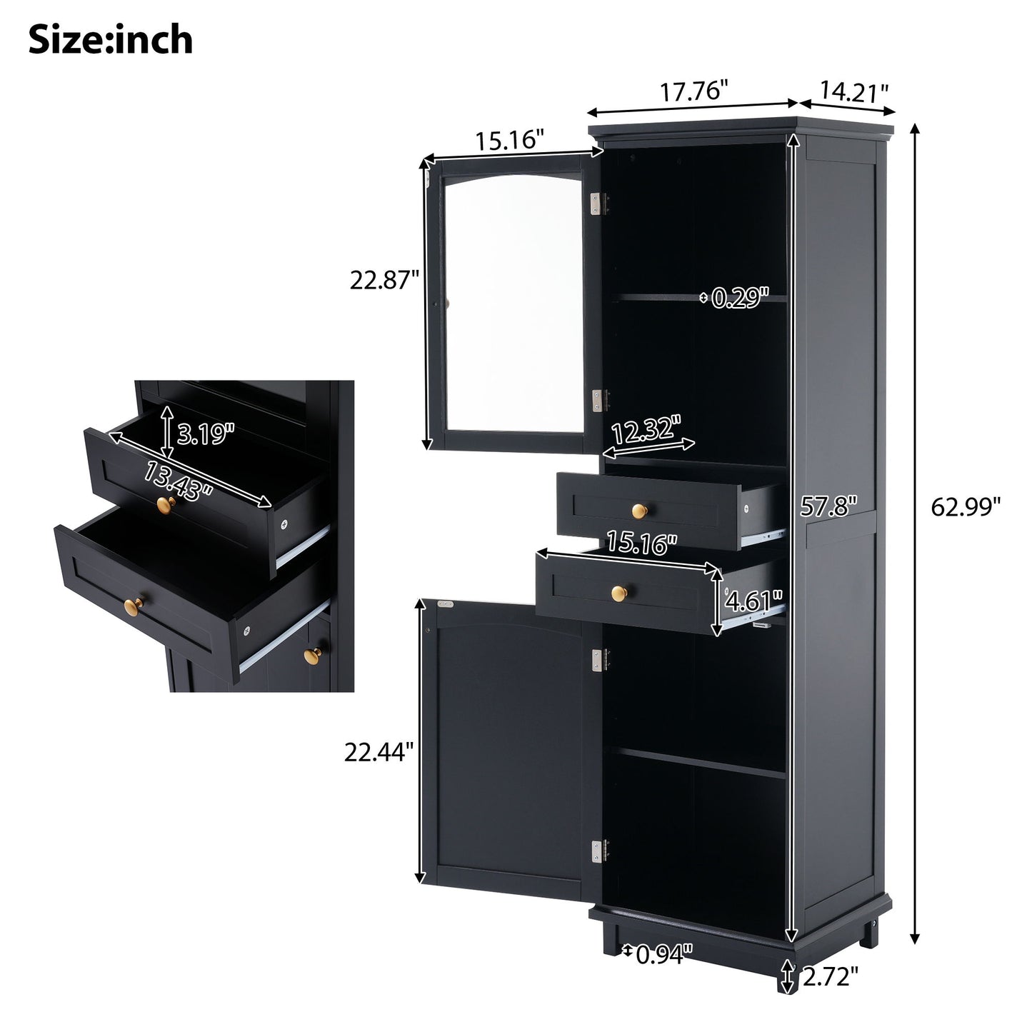 Tall Bathroom Storage Cabinet With Glass Doors, Free-Standing, Two Drawers, And Adjustable Shelves, MDF Board, Painted Perfect For Displaying Your Favorite Items Hearth and Haven