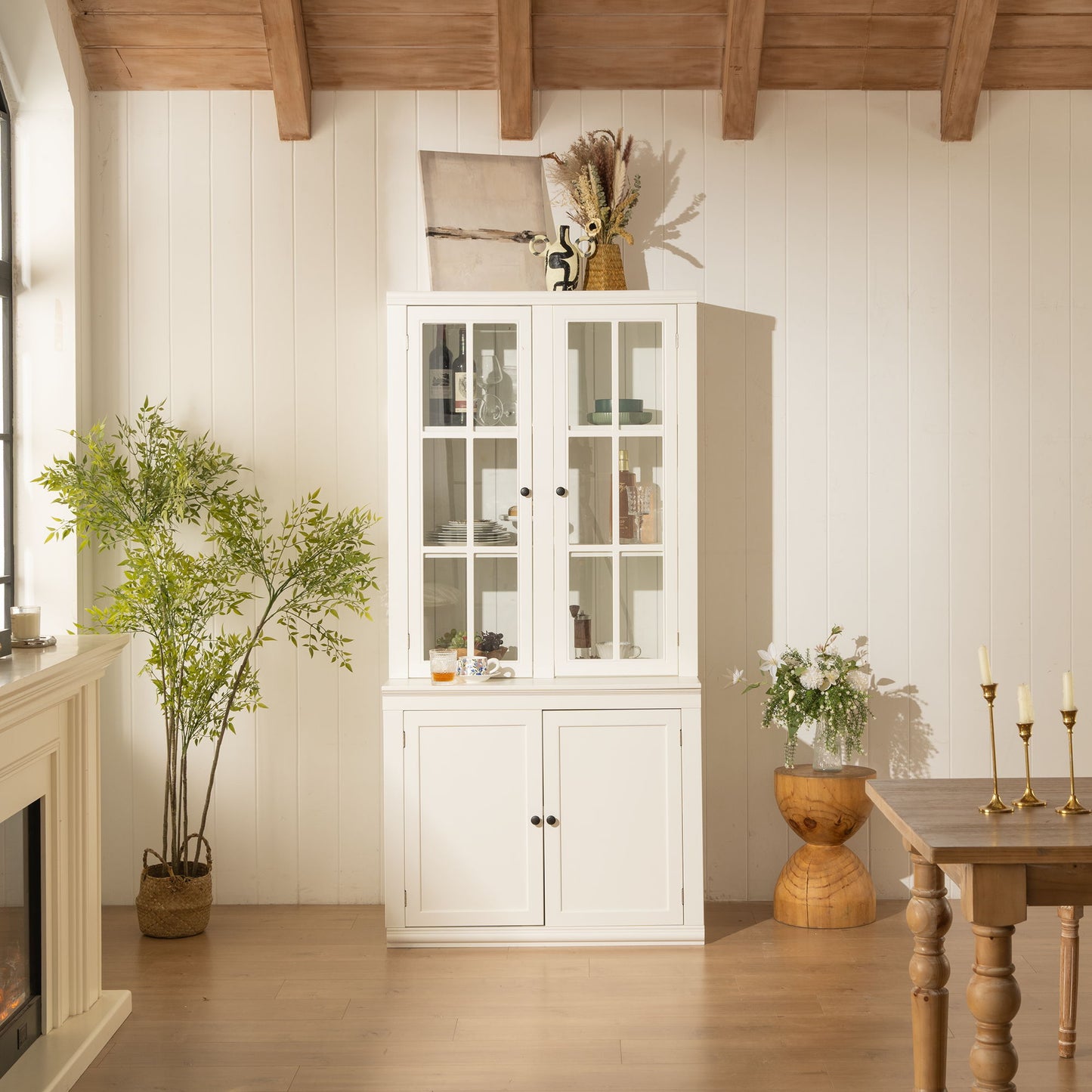 Retro Style Hutch Cabinet With Glass Door, China Cabinet For Home Hearth and Haven