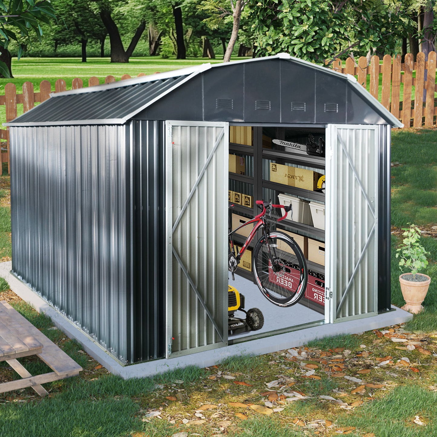 10 Ft X 12 Ft Outdoor Metal Storage Shed With Arch Roof With Lockable Doors For Backyard Garden Patio Lawn - Black Daily Nest