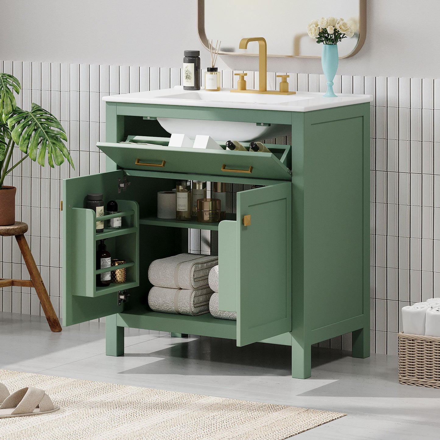 Bathroom Vanity With Ceramic Sink, Modern Single Bathroom Cabinet With 2 Doors And A Shelf, Soft Close Doors Hearth and Haven