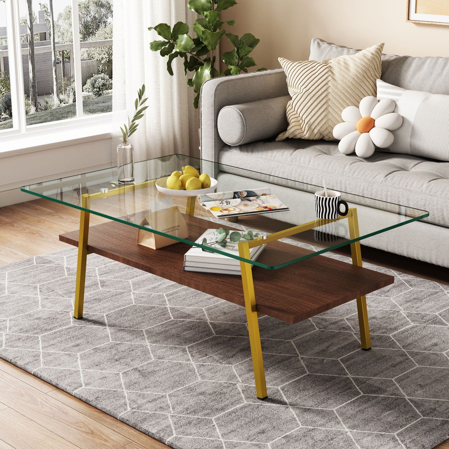 Rectangle Coffee Table, Tempered Glass Tabletop With Metal Legs, Modern Table For Living Room Home Essentials