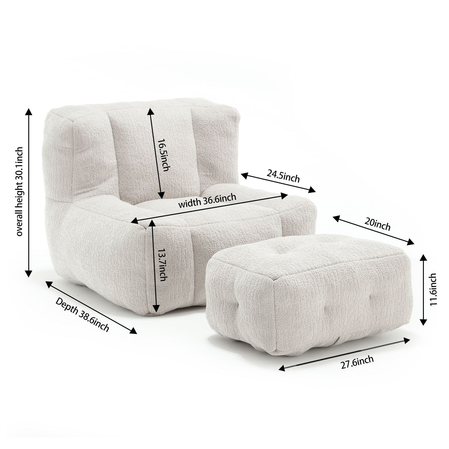 Modern Indoor Fluffy Bean Bag Chair With Memory Foam And Ottoman, Super Soft Home Essentials