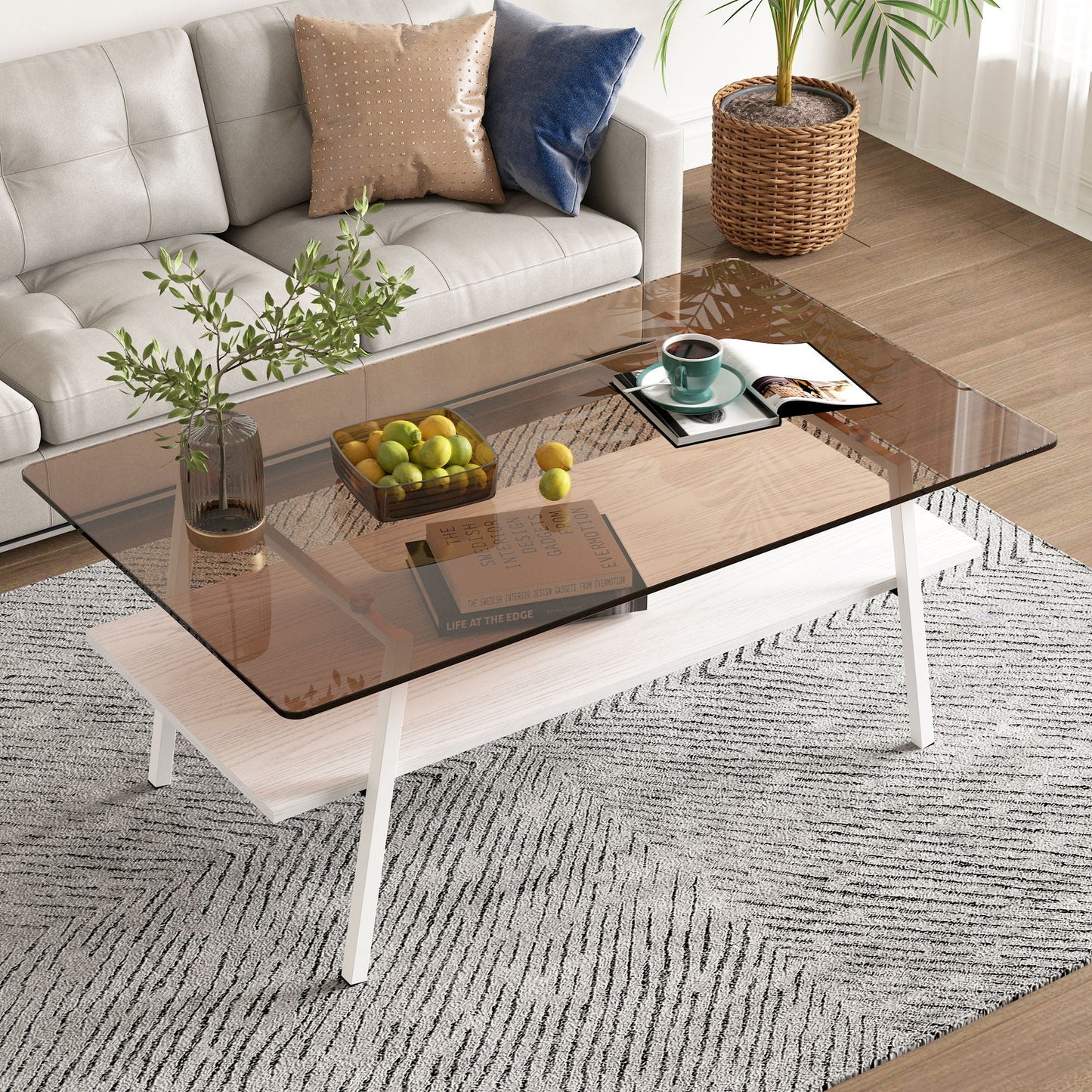Rectangle Coffee Table, Tempered Glass Tabletop Modern Table For Living Room Home Essentials