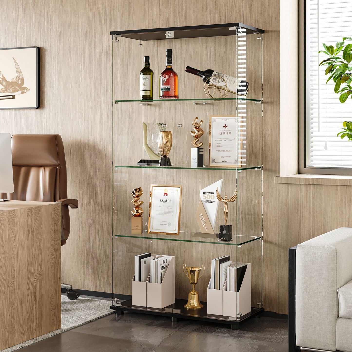 Modern Glass Display Cabinet With 4 Shelf Double Doors And Lock, Tempered Glass Bookshelf For Living Room - Black Home Essentials