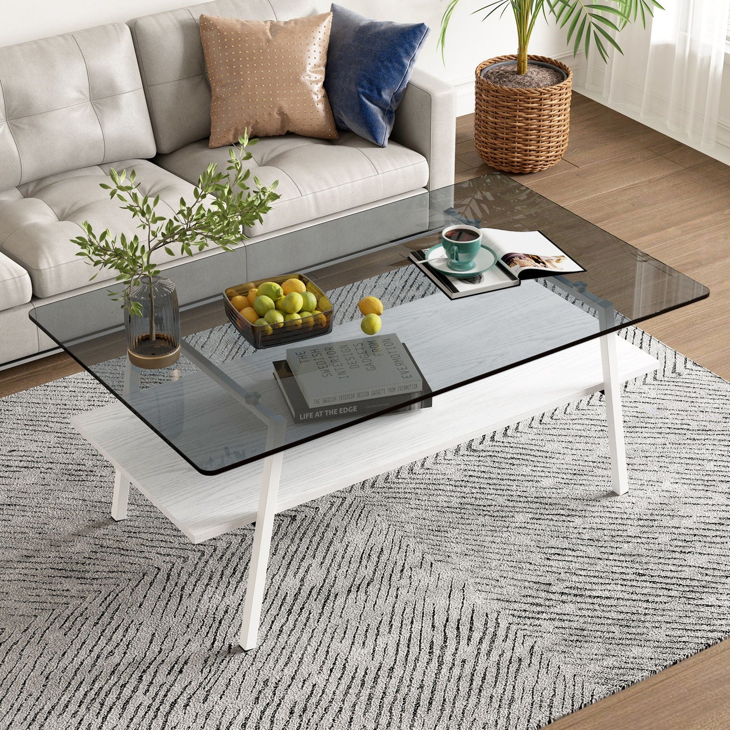 Rectangle Coffee Table, Tempered Glass Tabletop With Metal Legs Home Essentials