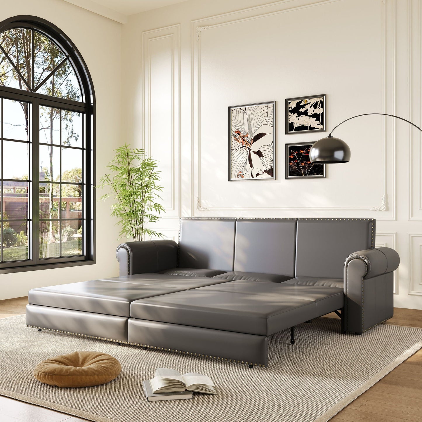 3 In 1 Convertible Sleeper Sofa With Nailhead Trim & Rolled Arm Home Essentials