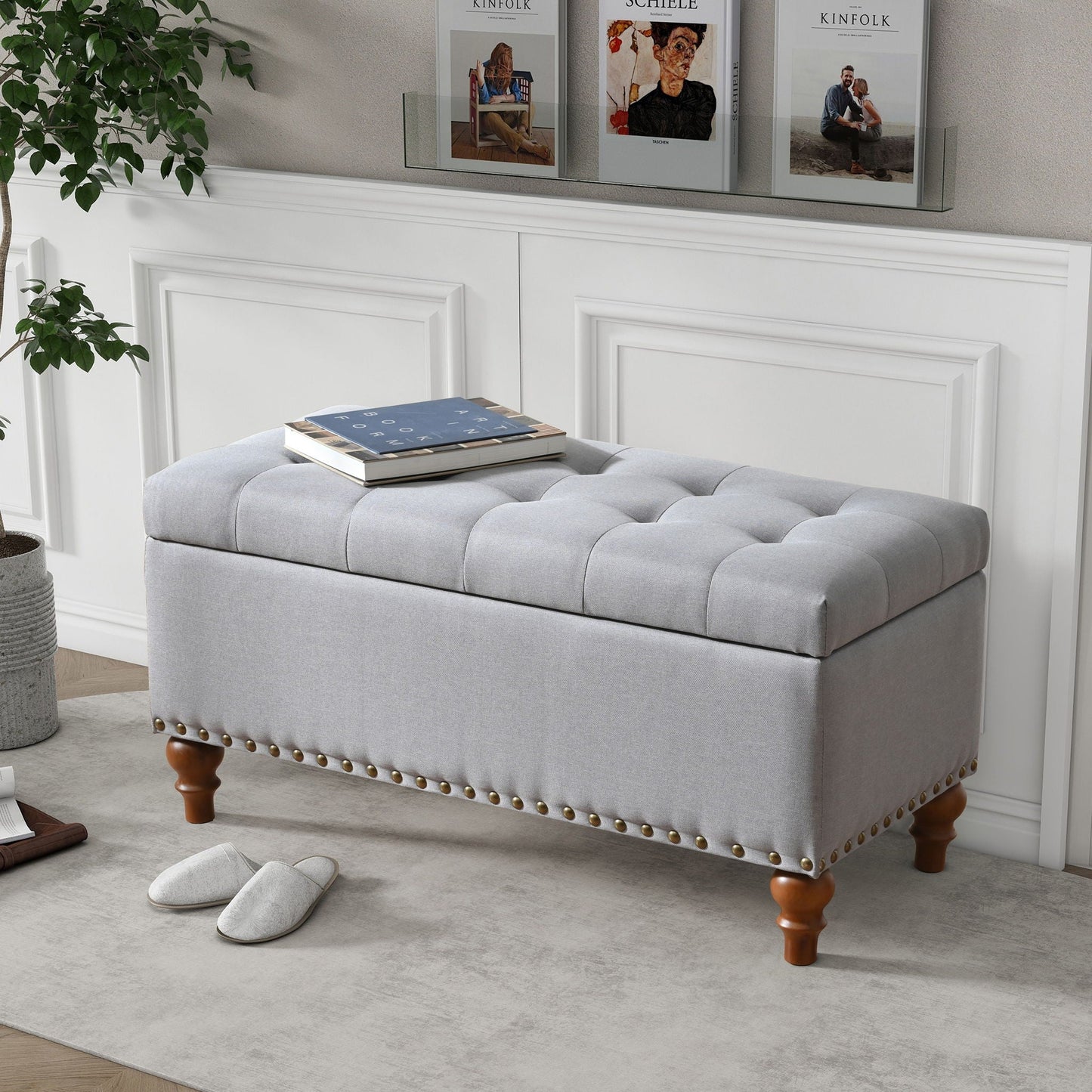 Upholstered Ottoman With Storage And Rivet Trim Home Essentials