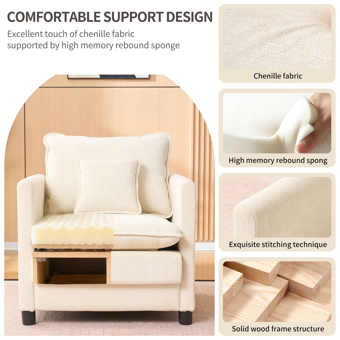 Single, Reading Armchair With 3 Pillow Comfort Set For Living Room - Beige Home Essentials