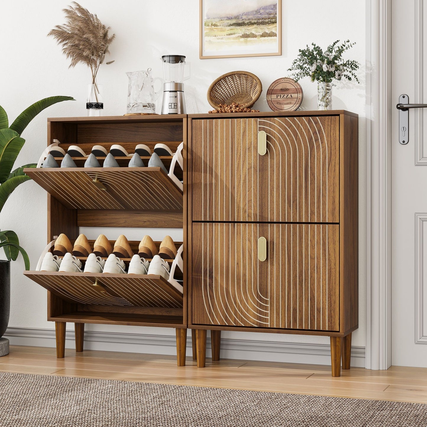 Modern Minimalist Shoe Storage Cabinet With 2 Flip Drawers And Metal Handles - Brown Daily Nest