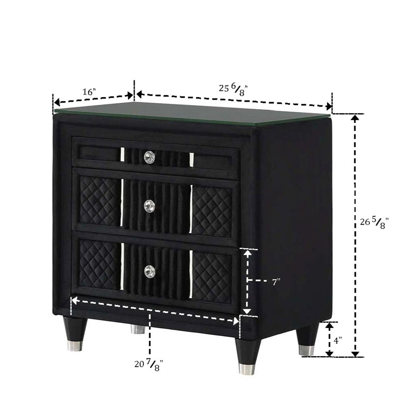 1 Piece Nightstand Upholstery Textured Look Luxurious Feel Drawer Fronts Crystal Style Knobs - Black Home Essentials