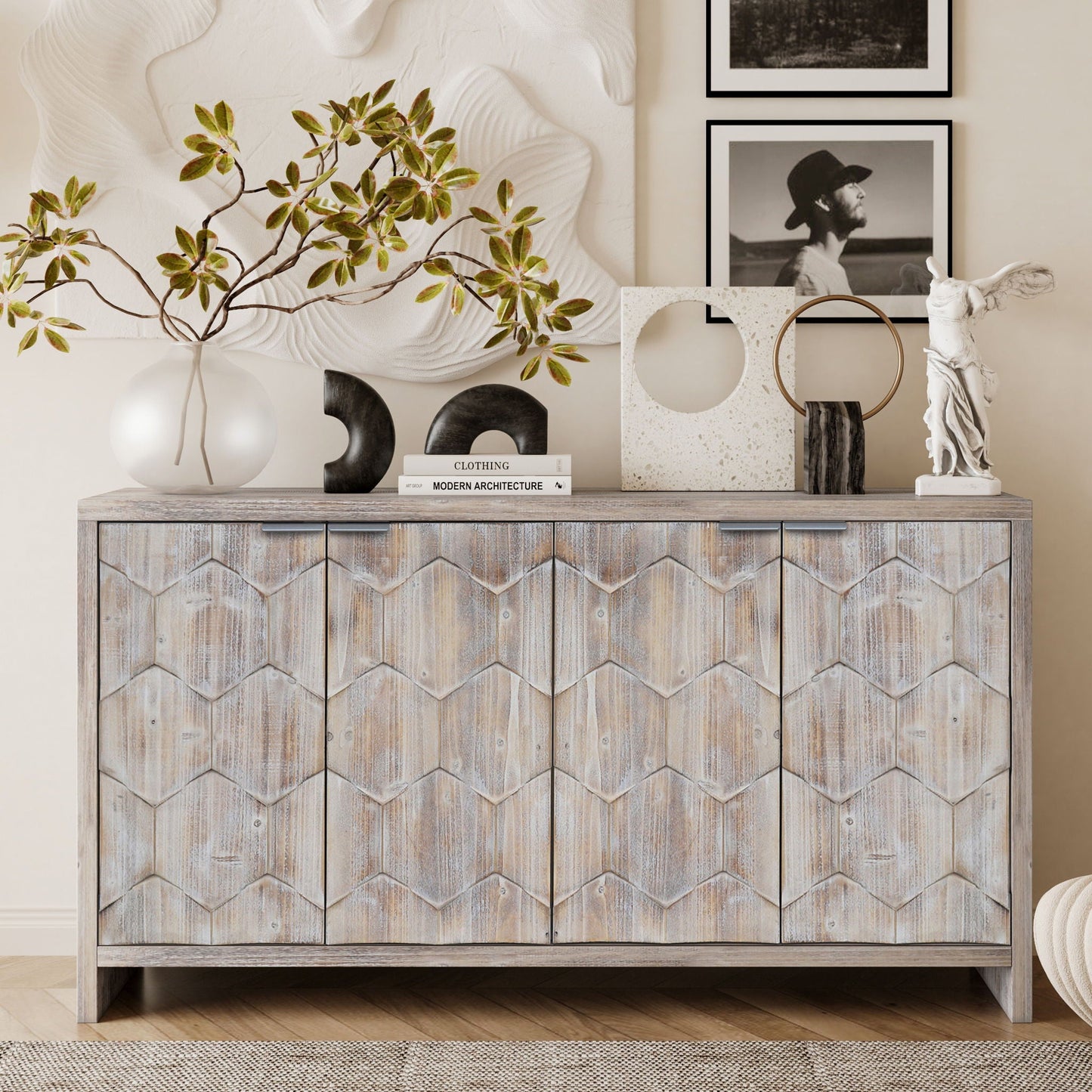 Accent Cabinet Farmhouse Style 4 Door Wooden Cabinet Sideboard Buffet Server Cabinet Storage Cabinet, For Living Room, Entryway, Hallway, Office, Kitchen And Dining Room Home Essentials