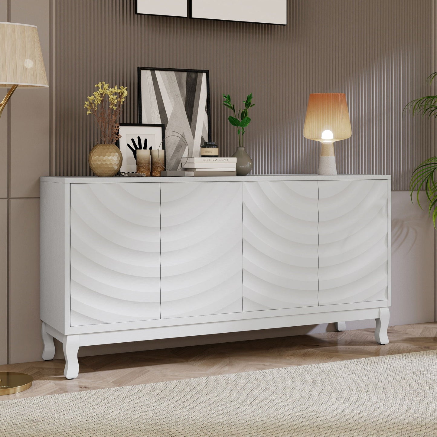 Elegant Sideboard With Sophisticated Wavy Pattern Doors And Arched Groove Design, Adjustable 4 Door Layout Home Essentials