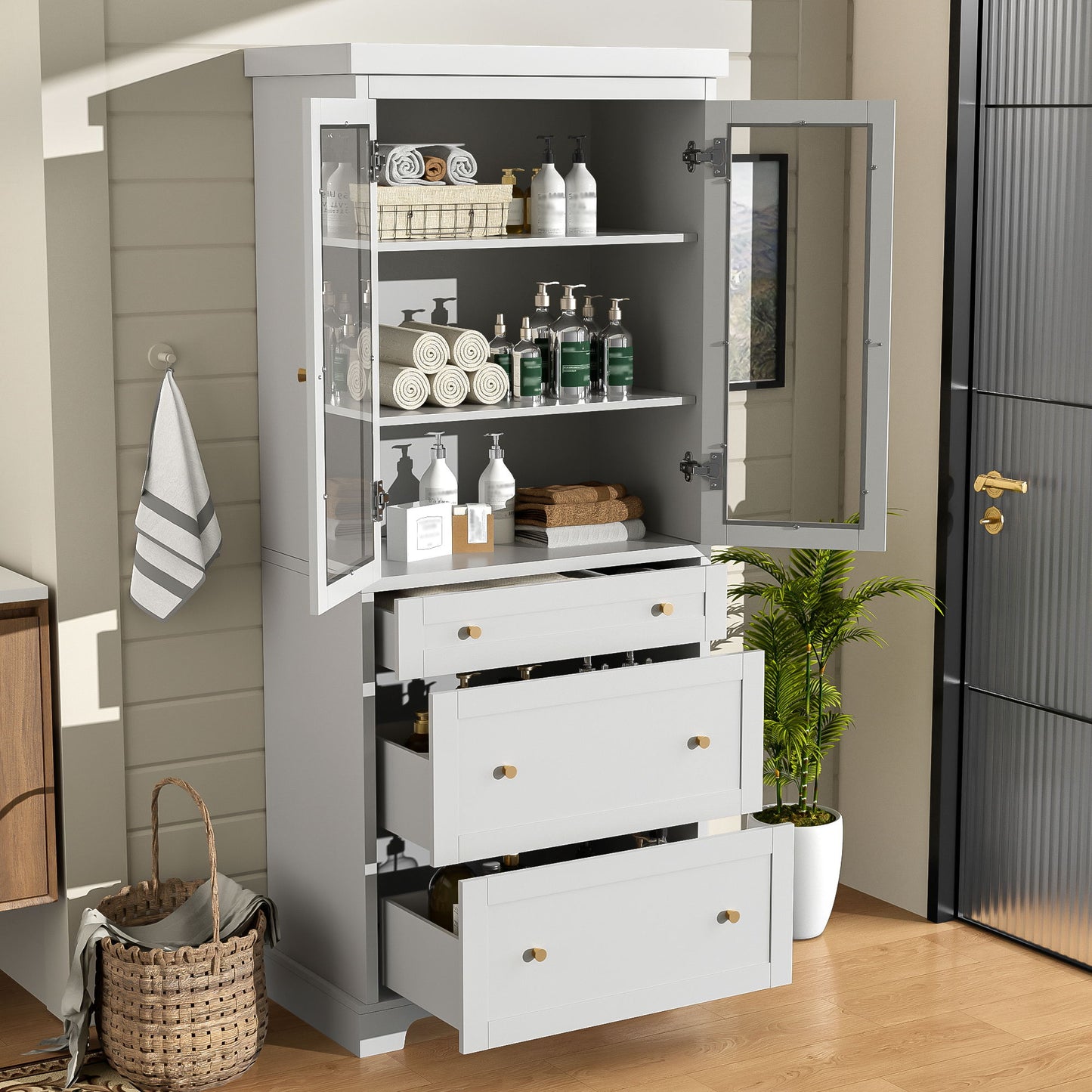 Freestanding Tall Bathroom Cabinet With Adjustable Shelves, Drawers, Soft Close Glass Doors Hearth and Haven