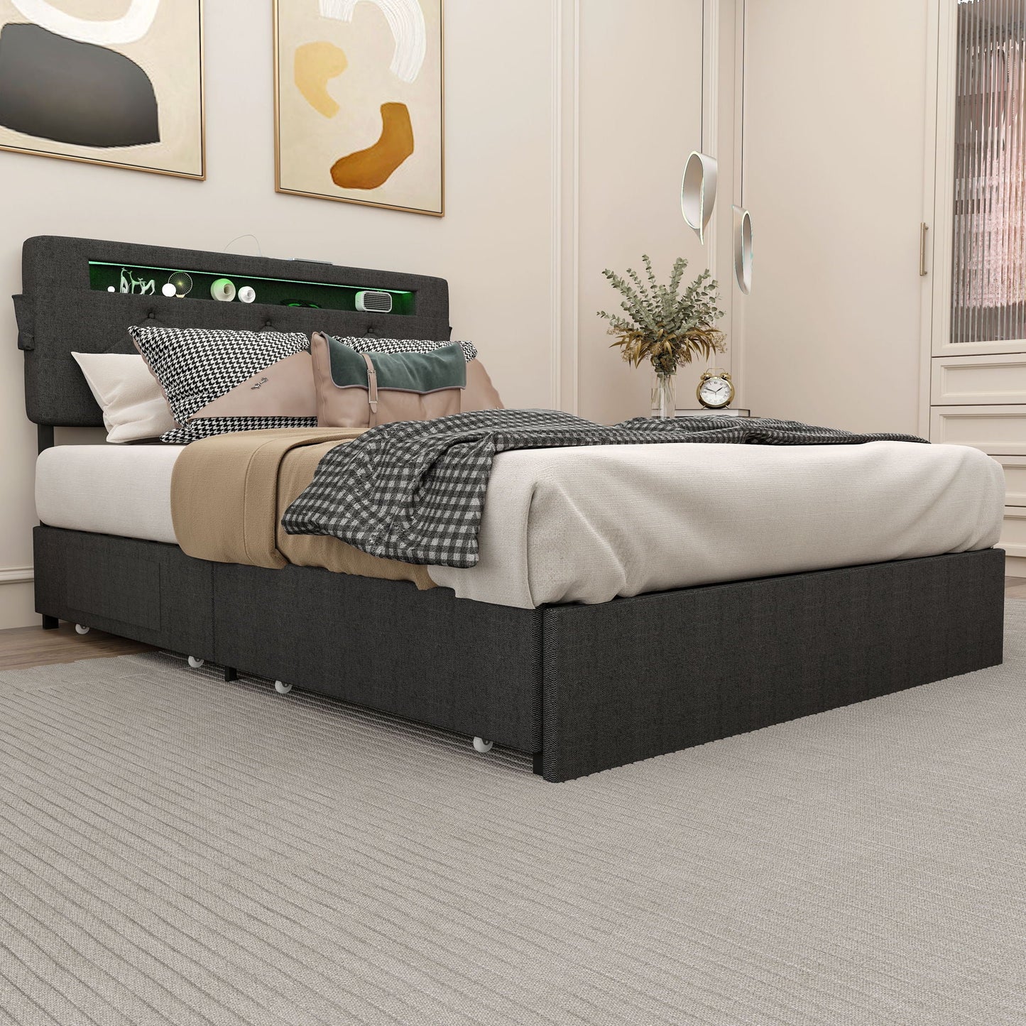 Bed With USB Charging Station, LED Lights, Headboard & Storage Drawers Home Essentials