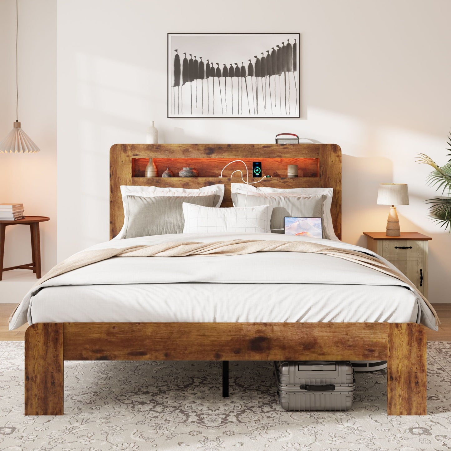 Wood Platform Bed Frame With Storage LED Light Headboard & USB Home Essentials
