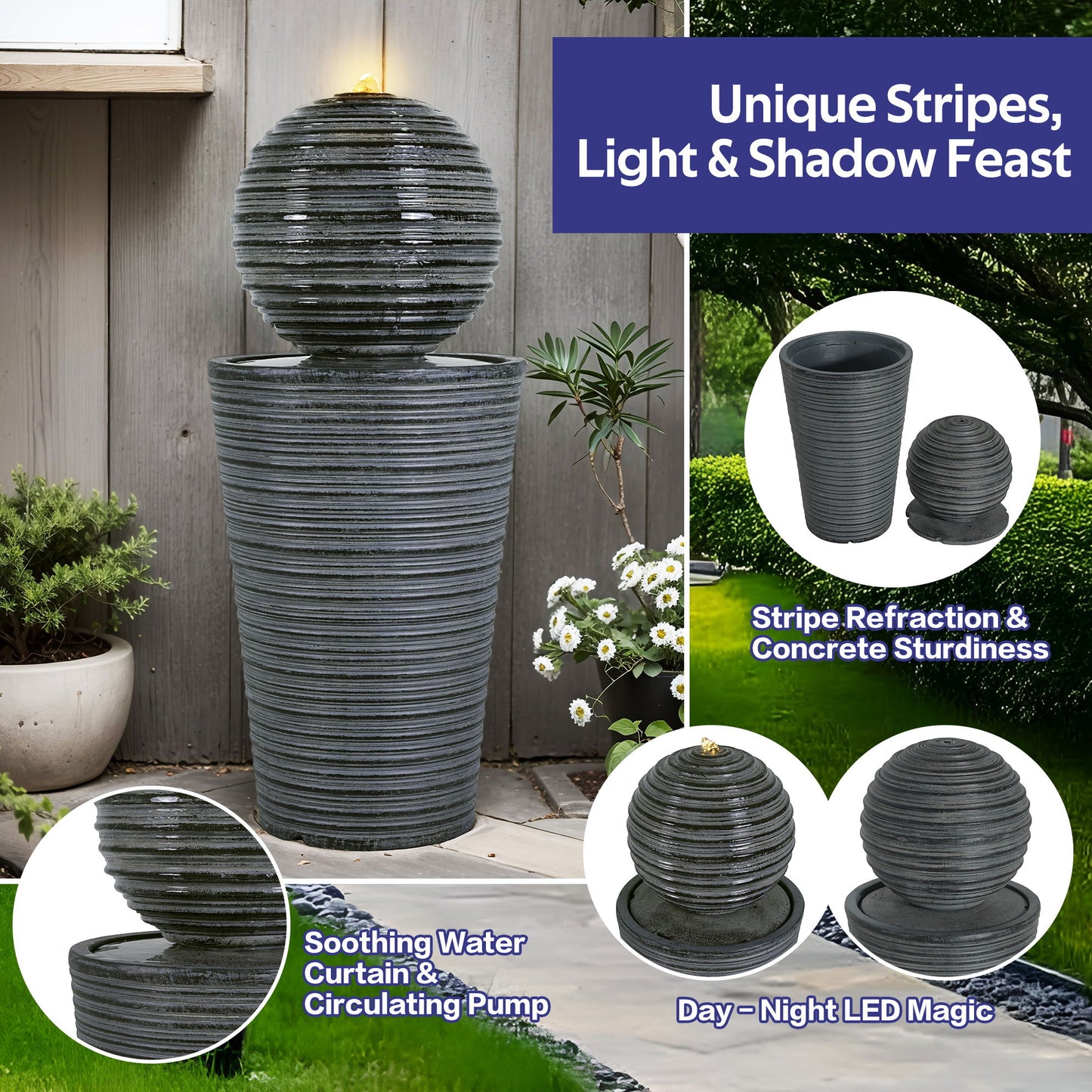 31.5" Tall Striped Column Fountain With LED Light Design For Outdoor Spaces - Gray Noble House