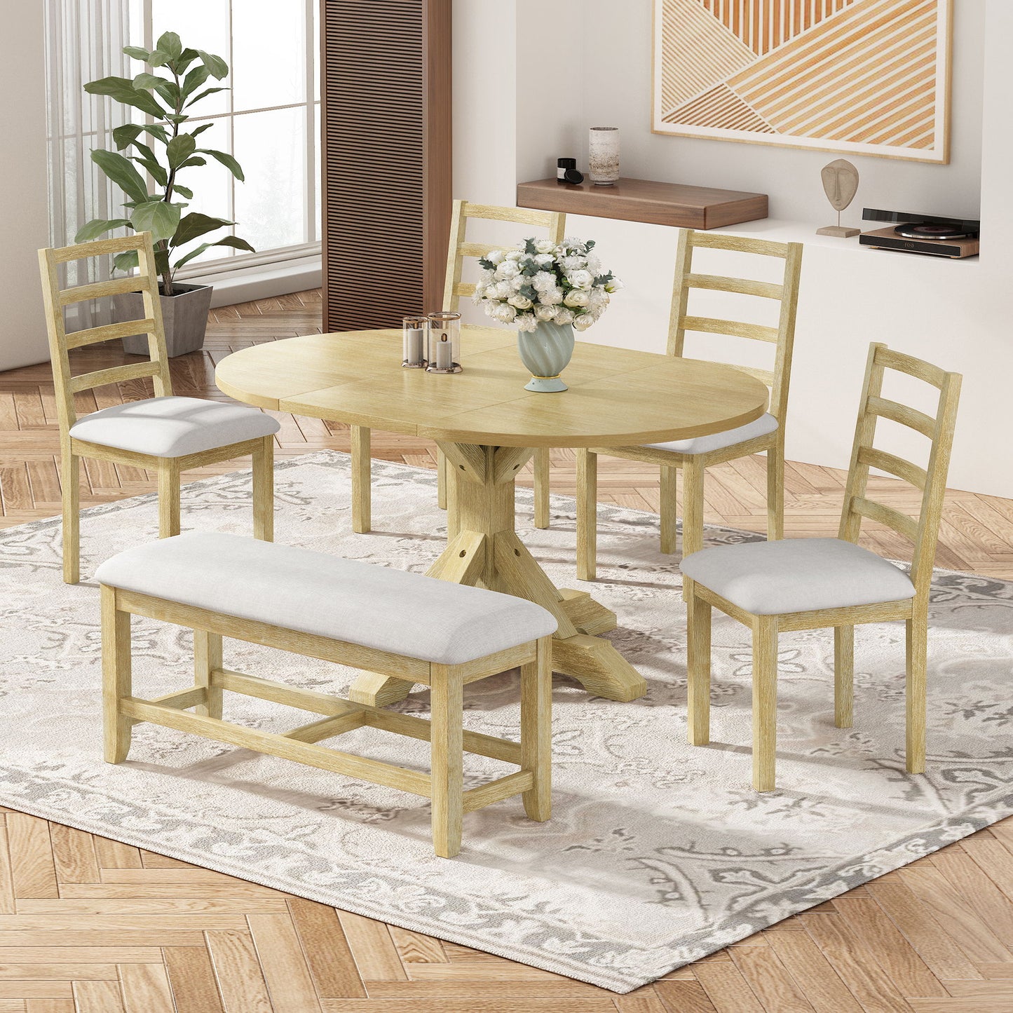 Topmax - 6 Piece Farmhouse Extendable Pedestal Dining Table Set With 18Inch Removable Leaf, Bench And 4 Ladder Back Dining Chairs Hearth and Haven