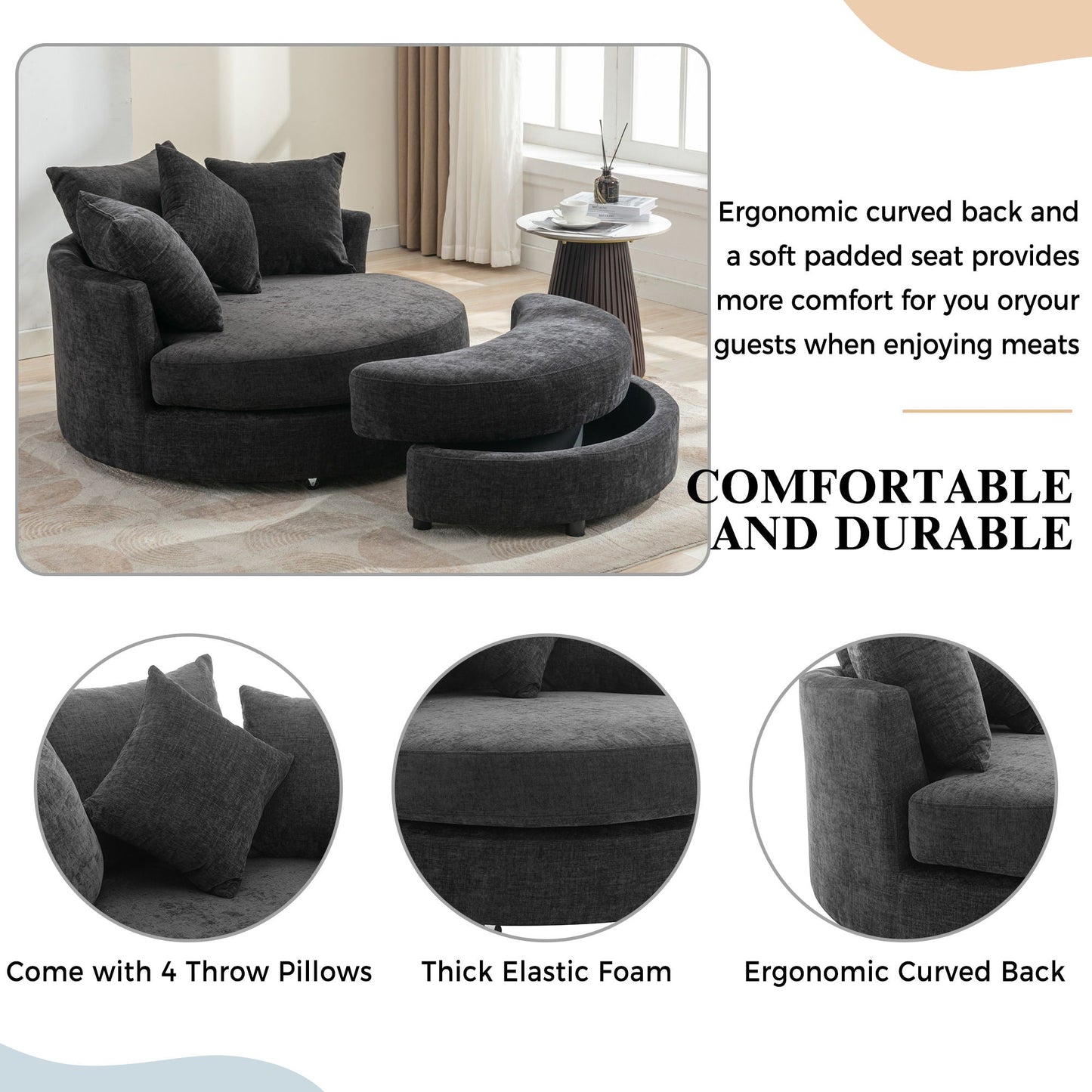 360° Swivel Accent Barrel Chair With Storage Ottoman & 4 Pillows, Modern Chenille Leisure Chair Round Accent For Living Room Hearth and Haven