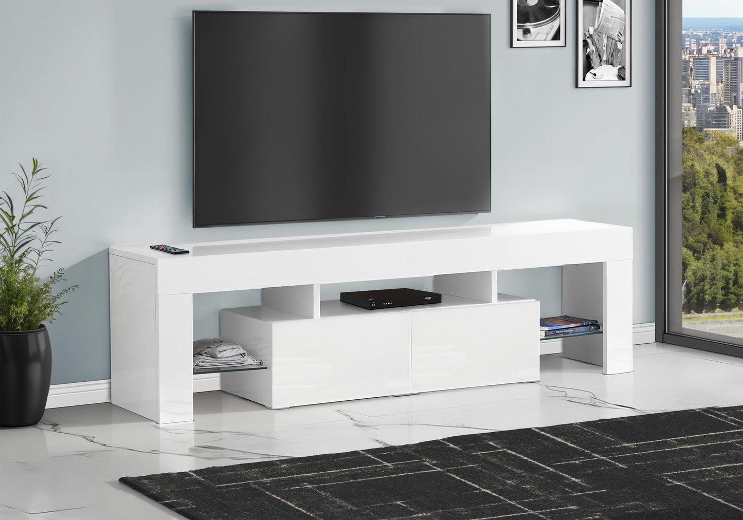 TV Stand, Console, Media Entertainment Center, Storage Cabinet, Glossy Contemporary & Modern - White 8th Street
