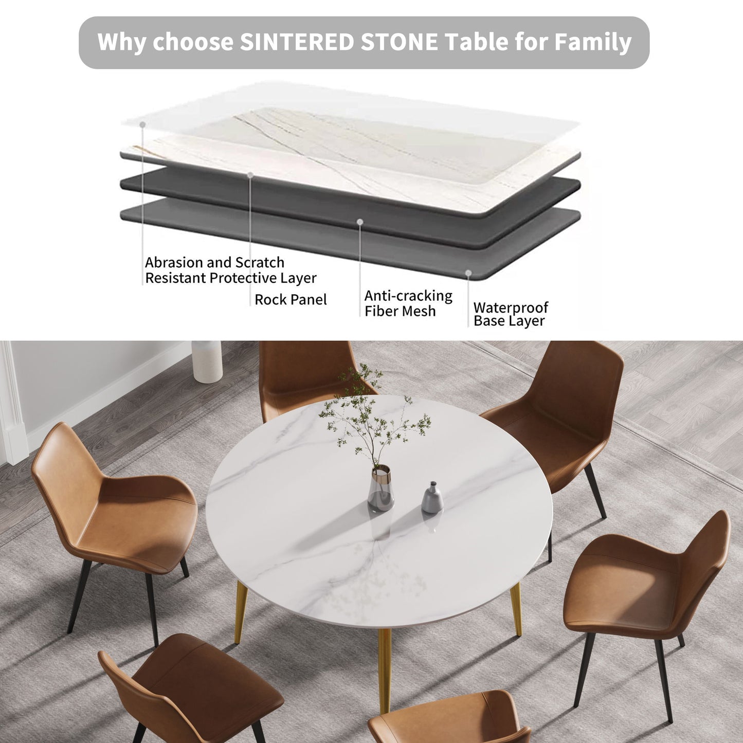 Modern Man-Made Stone Round Metal Dining Table-Position For 6 People Home Essentials
